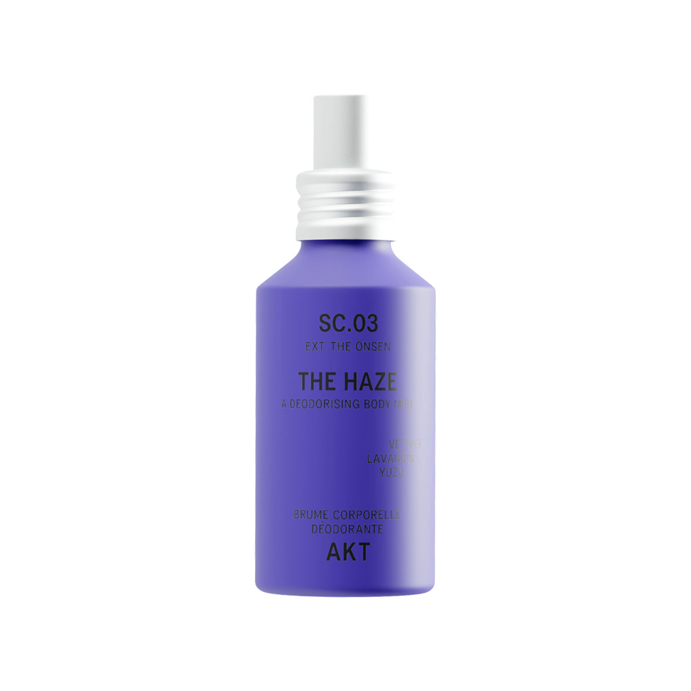 Bottle of AKT The Haze SC. 03 The Onsen with a white spray nozzle, centered on a plain white background.