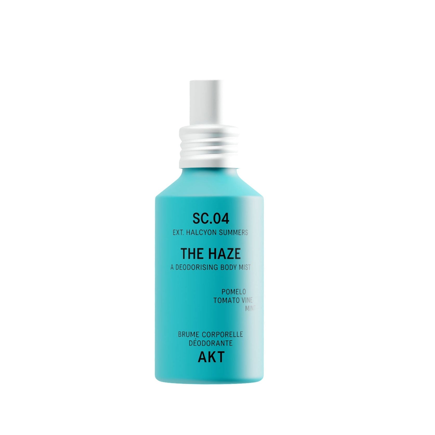 Bottle of AKT The Haze SC. 04 Halcyon Summers with a white spray nozzle, centered on a plain white background.