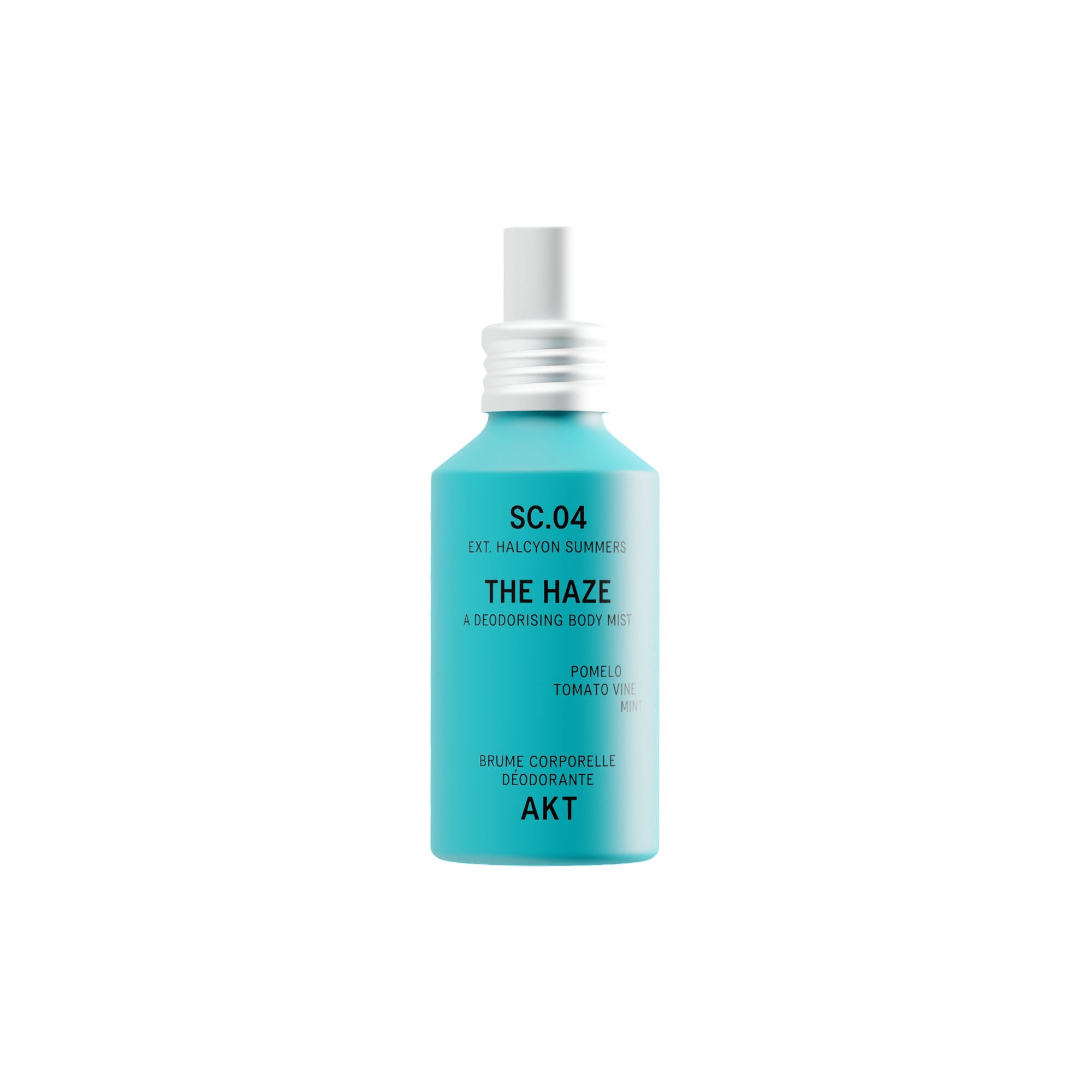 Bottle of AKT The Haze SC. 04 Halcyon Summers with a white spray nozzle, centered on a plain white background.