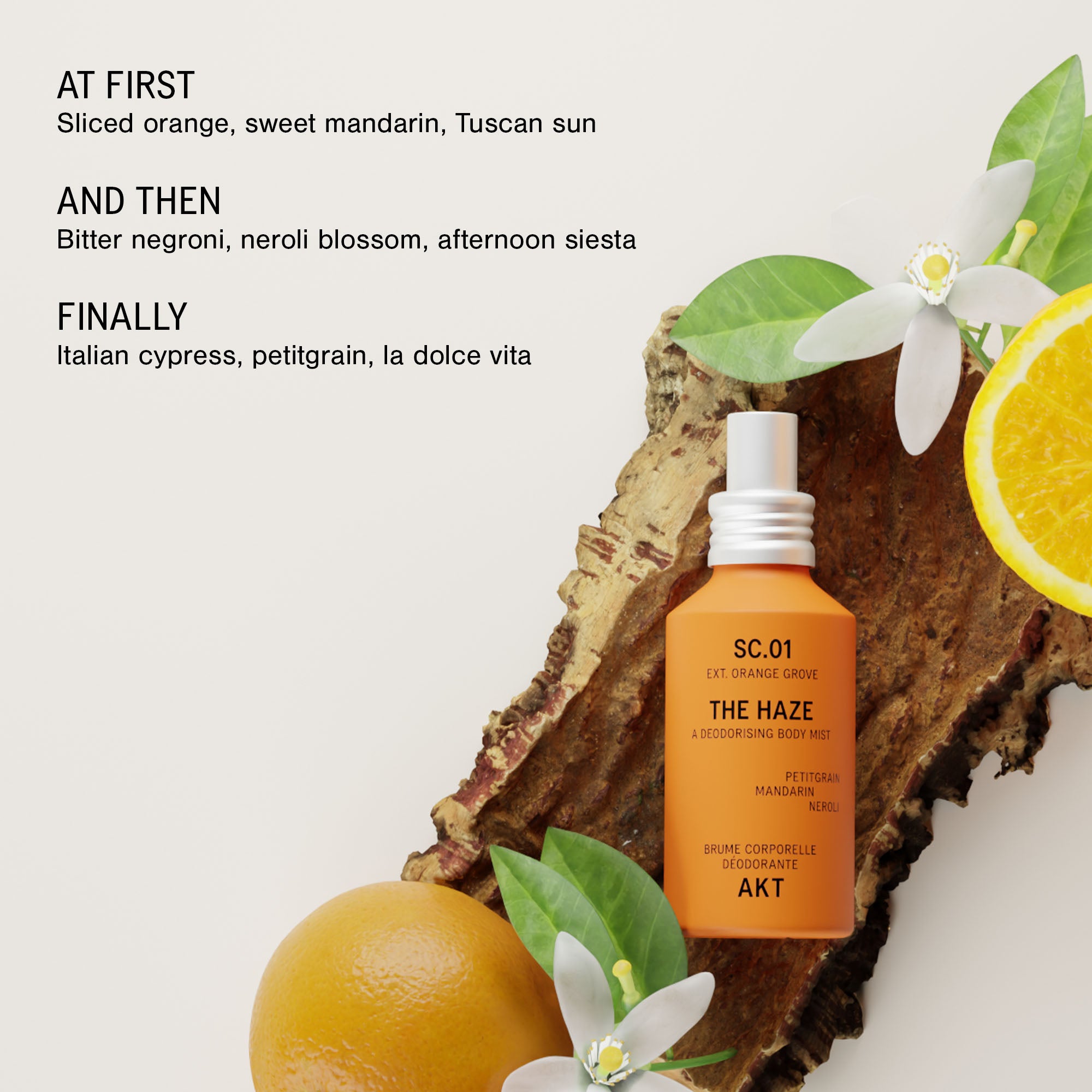 Bottle of The Haze SC.01 Orange Grove deodorant spray on a rustic wood slice with citrus slices, white flowers, and green leaves against a light neutral background. Text on the left lists scent profile