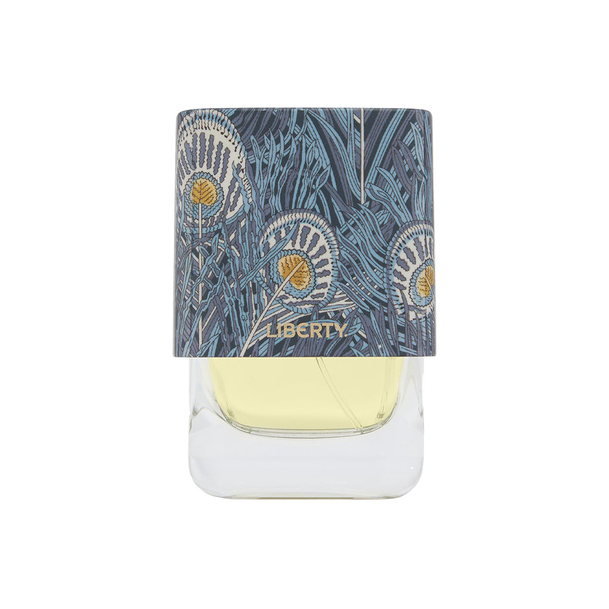 Perfume bottle with a Liberty label on a white background