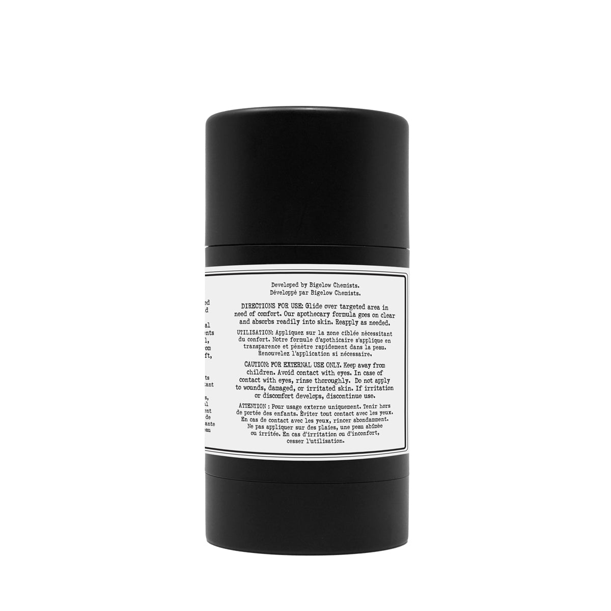 Black cylindrical container with a white label on a white background