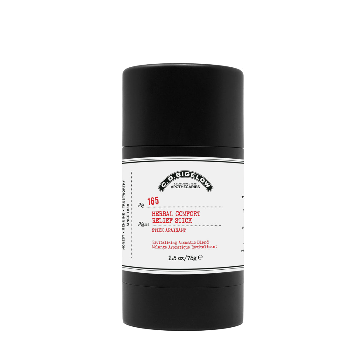 Black and white Herbal Comfort Relief Stick container with label on a white background