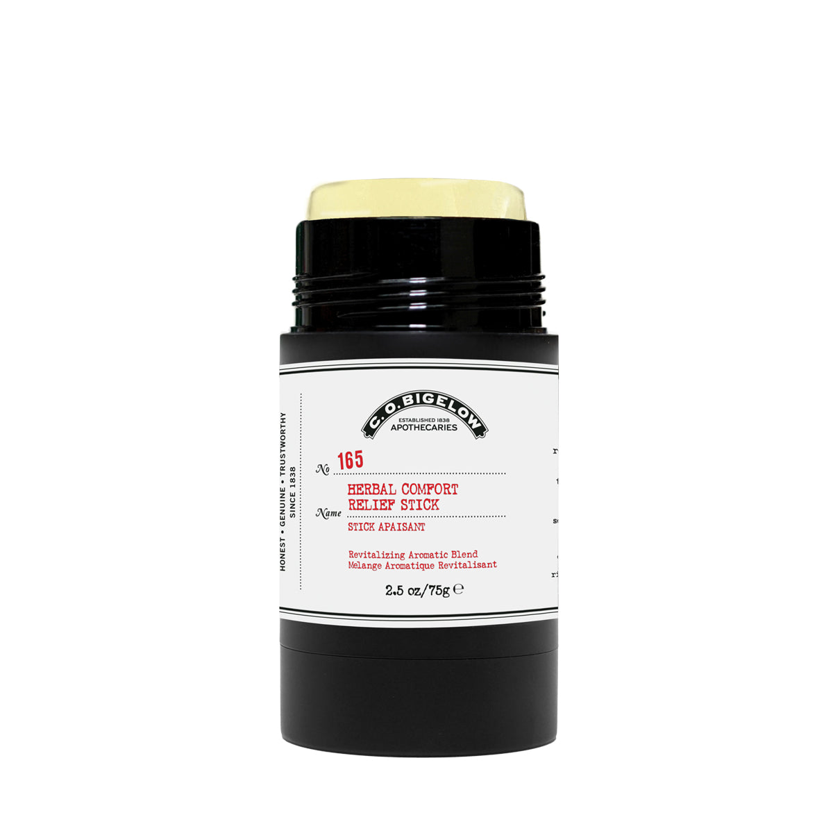 Black and white Herbal Comfort Relief Stick container with label on a white background. Cap removed