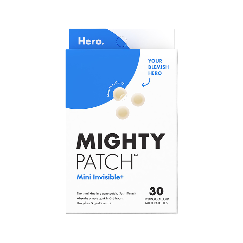 Box of Mighty Patch Mini Invisible+ hydrocolloid patches with branding on a white background