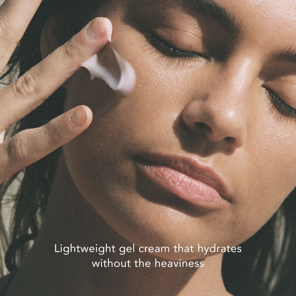 Woman applying cream to her face with text about a lightweight gel cream.