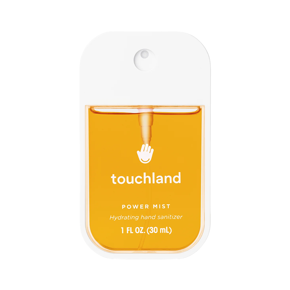 Touchland power mist hydrating hand sanitizer packaging on a white background