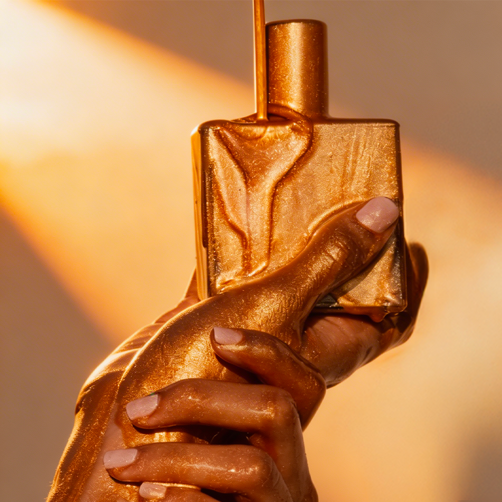 Gold Nuxe Oil bottle held by a hand with a warm, blurred background