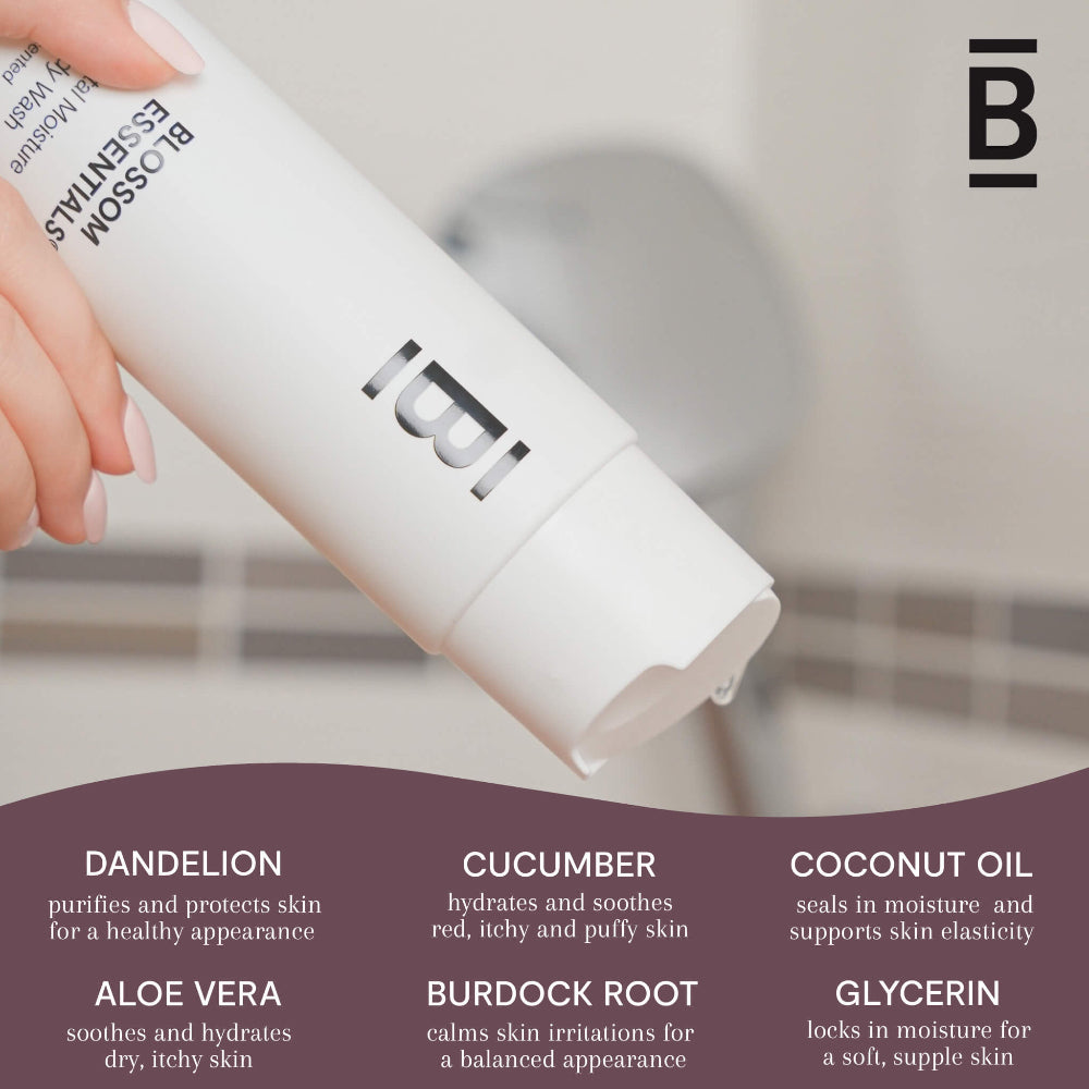 White bottle with brand logo, held by a hand, with product features listed below.