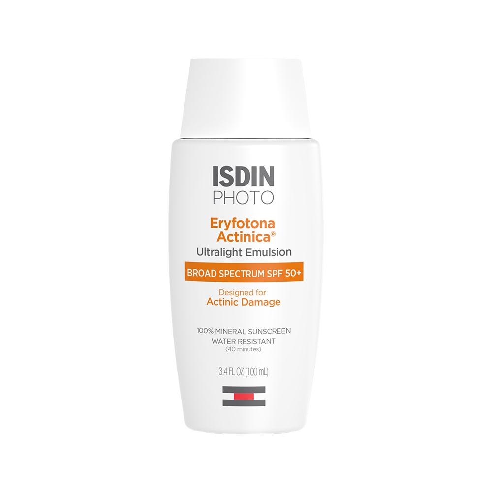 ISDIN PHOTO Eryfotona Actinica Ultralight Emulsion Broad Spectrum SPF 50+ sunscreen in a white bottle with orange and black text, shown on a plain white background.