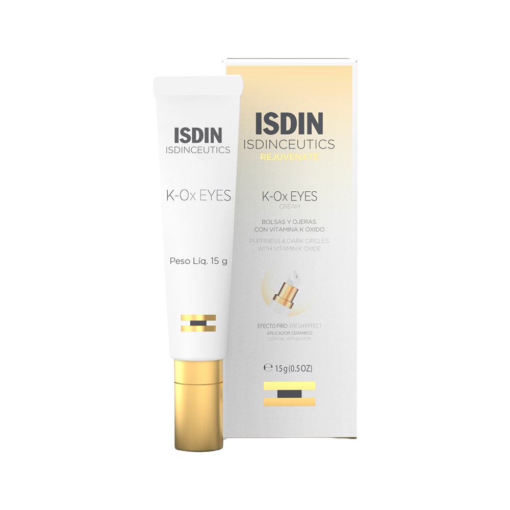 ISDIN ISDINCEUTICS K-Ox Eyes eye cream in a white tube with a gold cap, shown next to its white and gold packaging box on a solid white background.