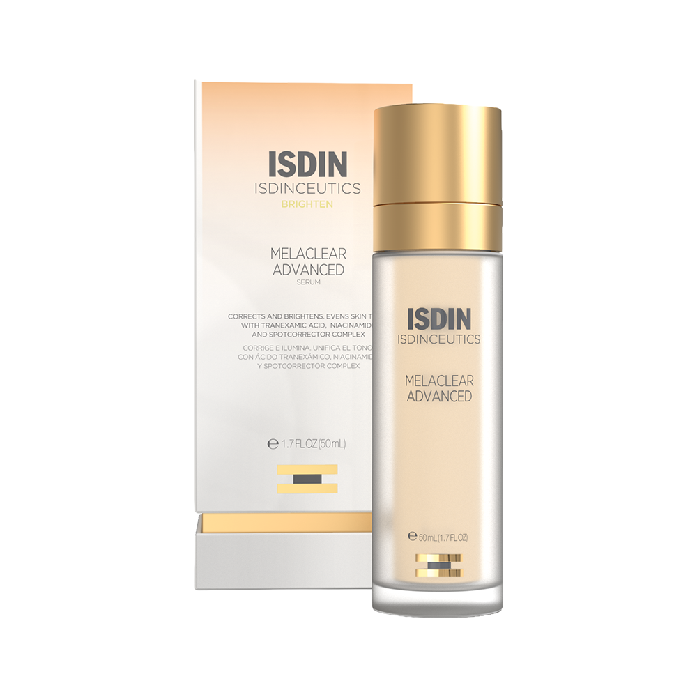 ISDIN ISDINCEUTICS Melaclear Advanced Serum bottle with a gold cap next to its white and gold packaging box, on a white background.