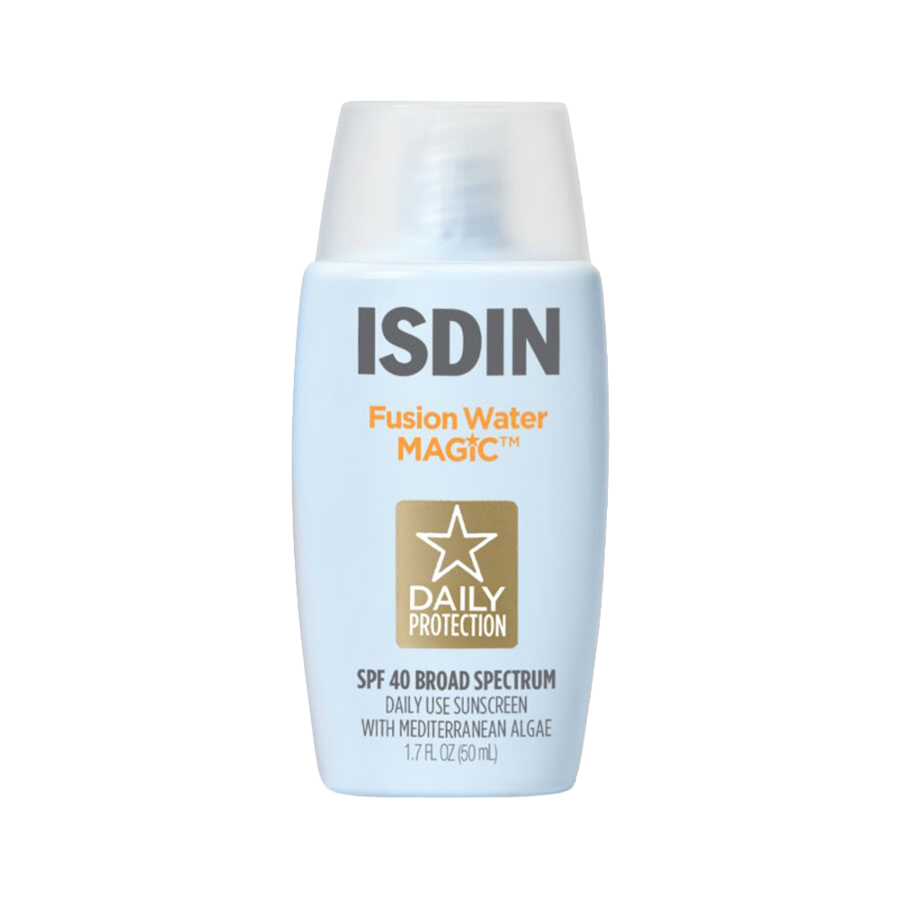 A bottle of ISDIN Fusion Water Magic Daily Protection SPF 40 Broad Spectrum sunscreen, featuring a light blue bottle with a clear cap and gold and black text.