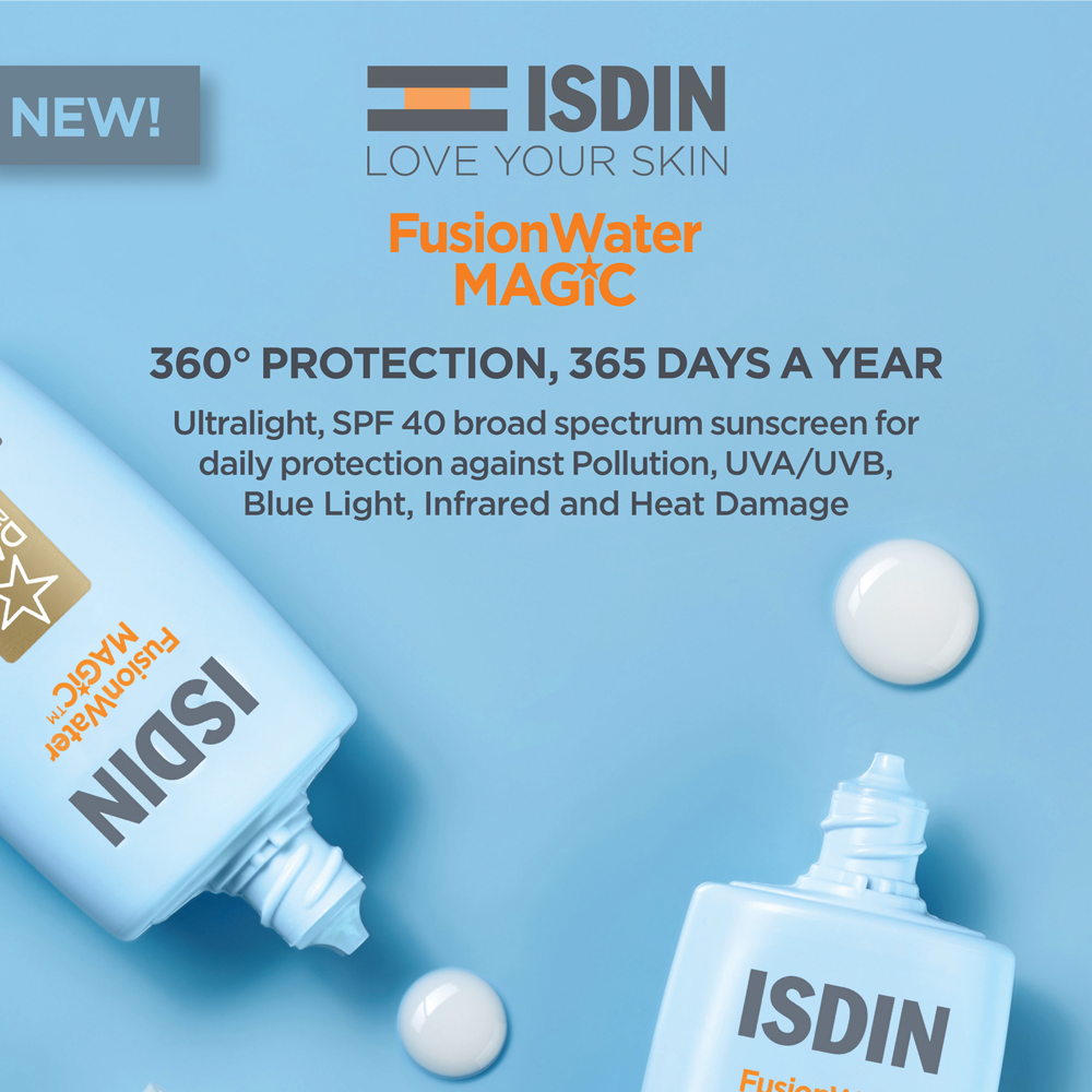 ISDIN FusionWater Magic sunscreen advertisement on a light blue background, showing two tubes of sunscreen and two dollops of white cream with product text and branding.
