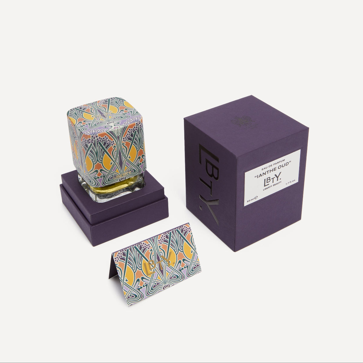 Liberty Ianthe Oud EDP with patterned design in a purple box on a white background.
