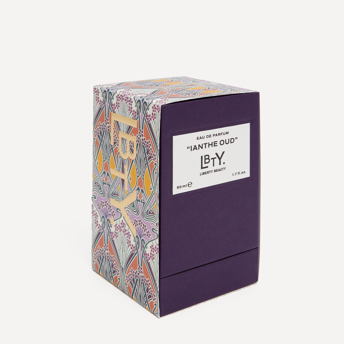LBTY "Ianthe Oud' perfume box on a white background