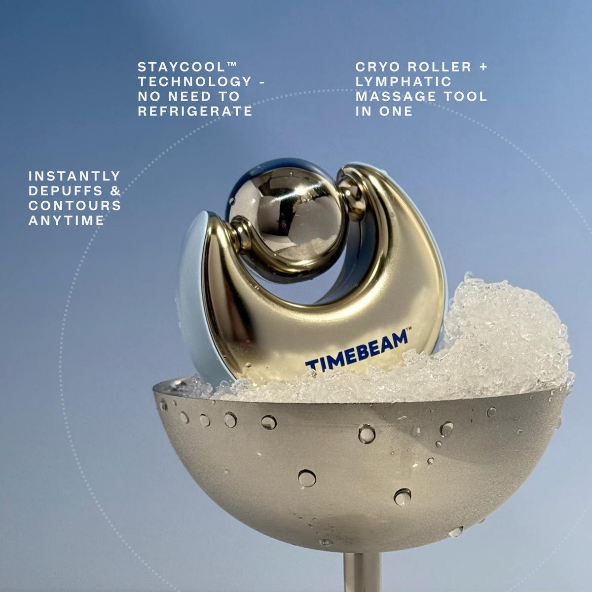 Timebeam Beauty - Ice Baby Cryo Facial Roller in a metal cup of ice on a blue background with text explaining basic benefits