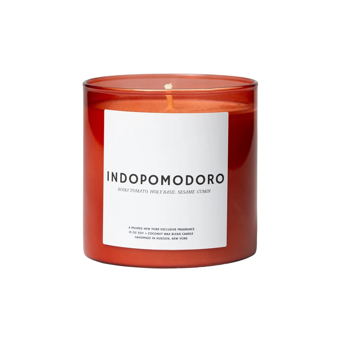 Indomodoro candle with a white label on a white background