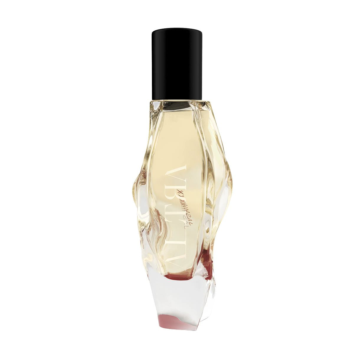 Perfume bottle with a black cap on a white background