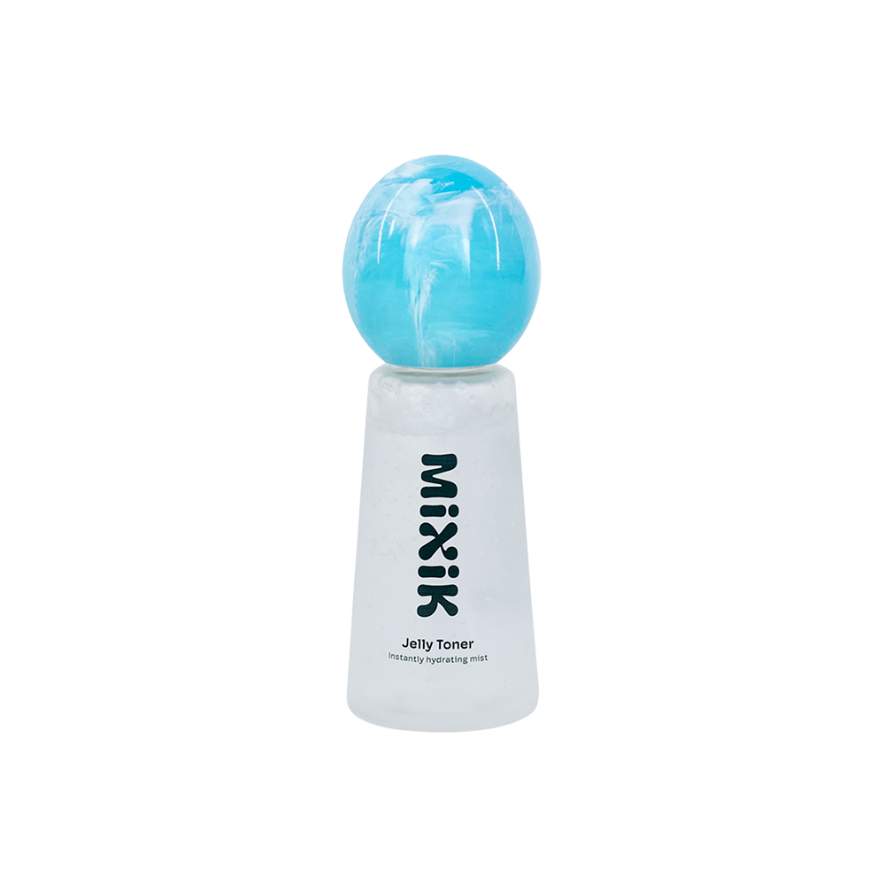 A bottle of Miki Jelly Toner with a translucent white body and a light blue marbled spherical cap, shown on a plain white background.