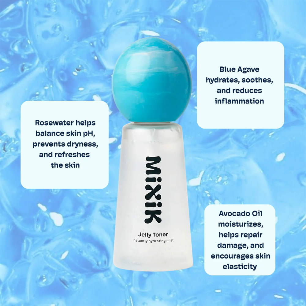 A bottle of Mixik Jelly Toner centered on a blue water-texture background with three white text callouts describing benefits: rosewater balance skin pH, blue agave hydration and reduction of inflammation, and avocado oil moisturizing and repair.
