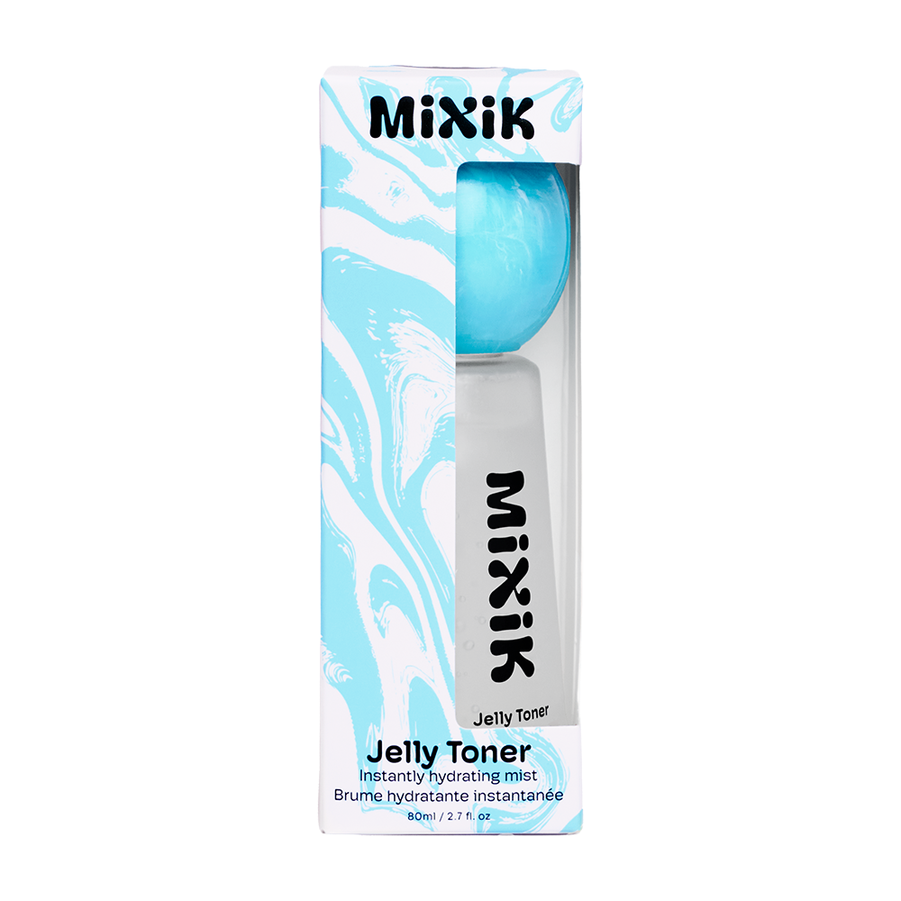 Mixik Jelly Toner in its retail packaging, featuring a light blue and white marbled design with a clear window showing the blue gel applicator.