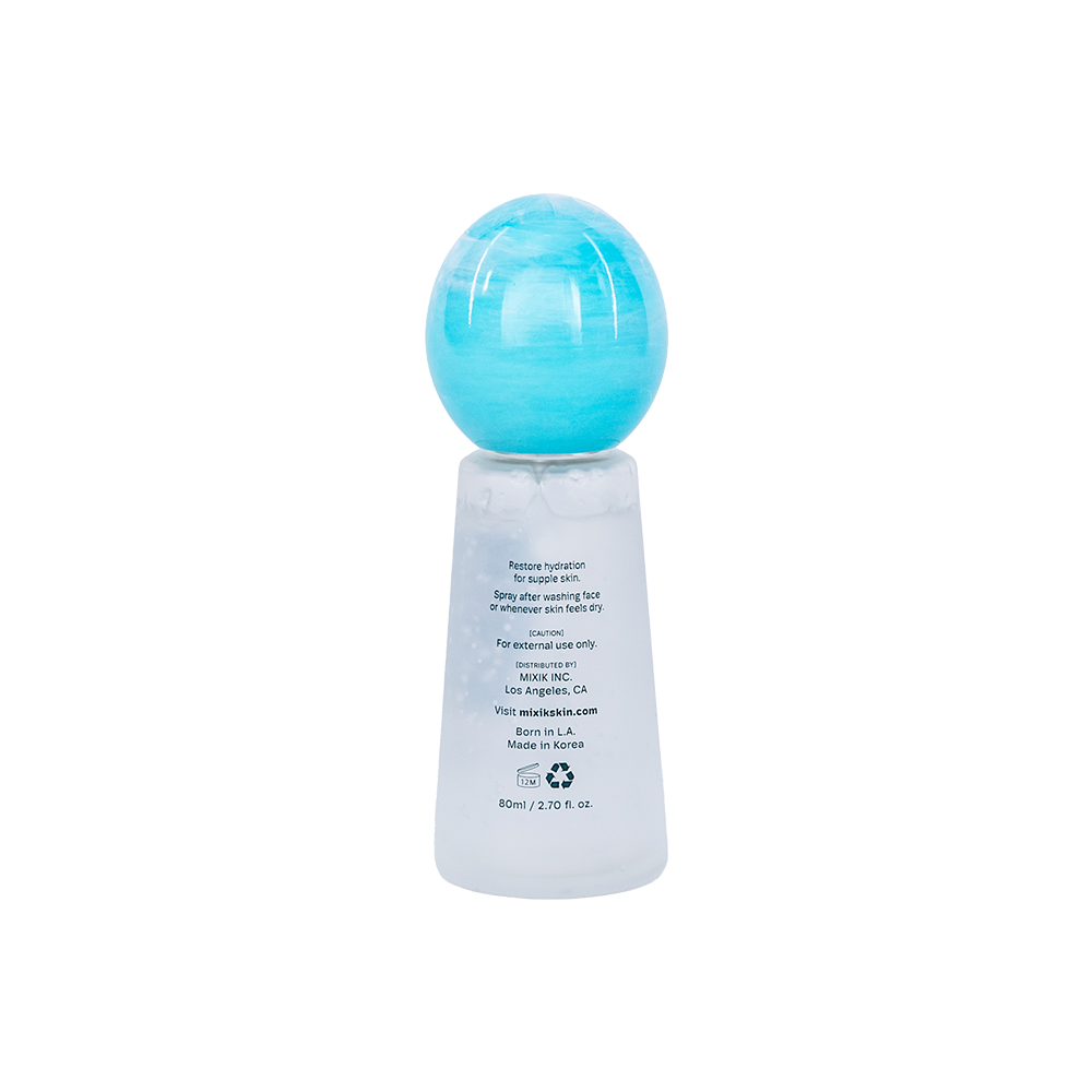 Bottle of Mixic Jelly Toner facial cleansing liquid with a translucent light blue spherical cap and a frosted white bottle body, shown against a plain white background.