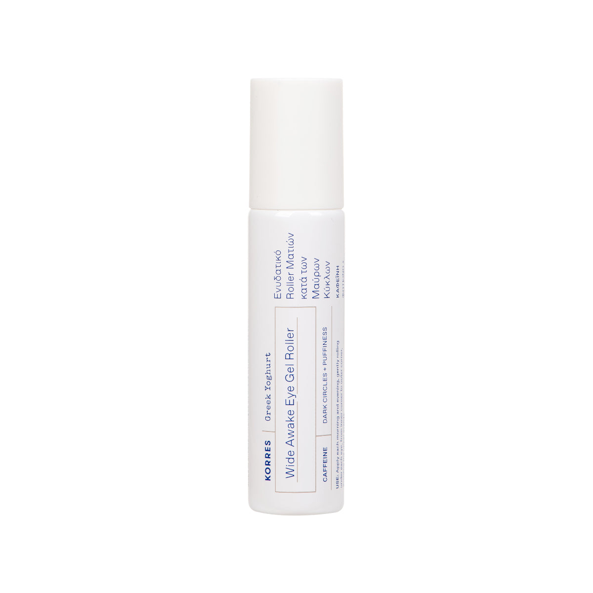 A white cylindrical roller bottle of KORES Wake Awake Eye Roller on a plain white background.