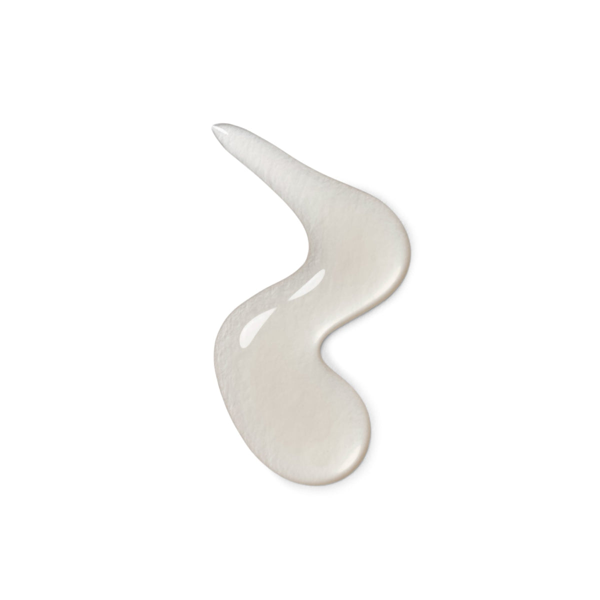 A glossy, translucent off-white cream or gel swatch shaped like a wavy S, centered on a solid white background.