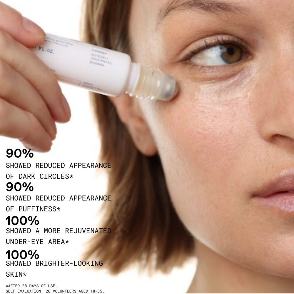 Close-up of a woman's face with an under-eye roller bottle being applied near her eye, alongside text claiming benefits for dark circles, puffiness, and rejuvenated skin.