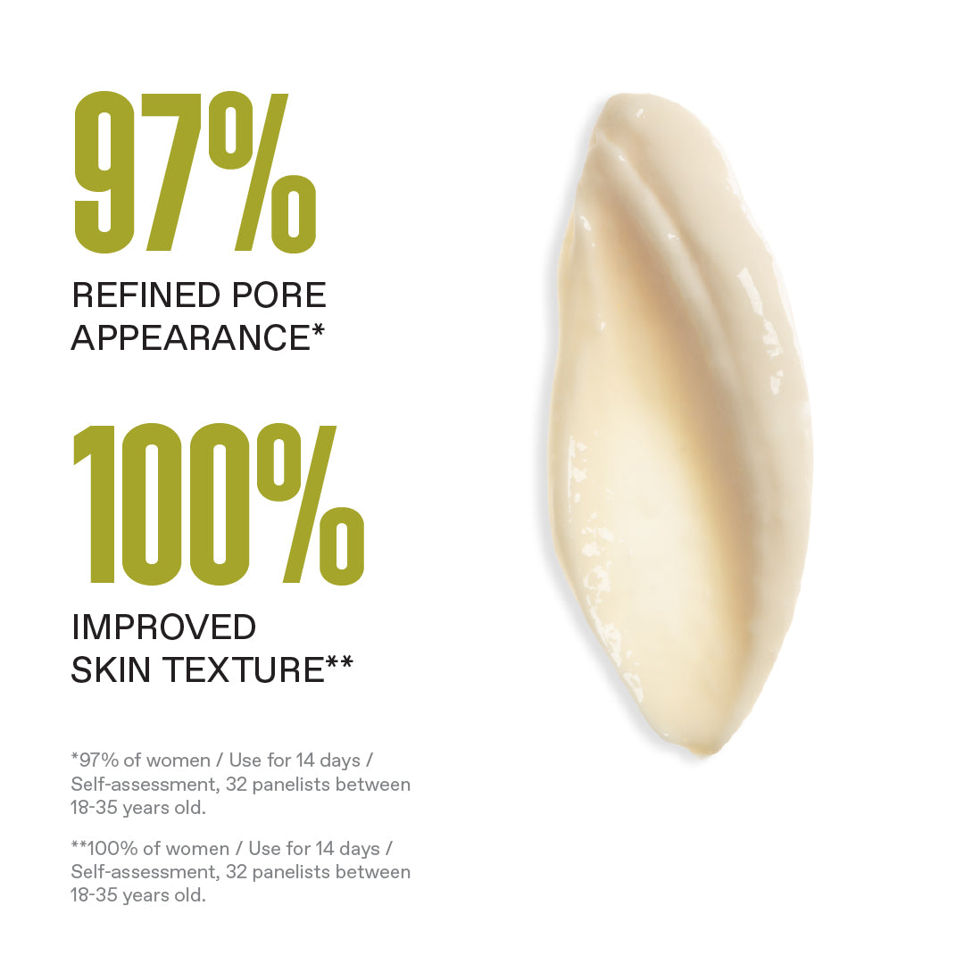 Cosmetic product with text highlighting pore refinement and skin texture improvement on a white background