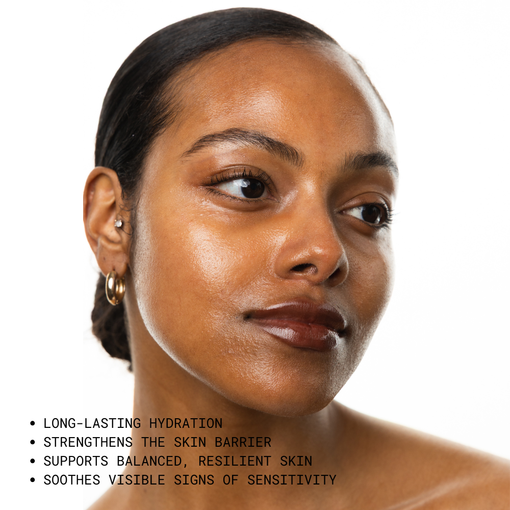 Woman with clear skin on a white background, featuring text about skincare benefits.