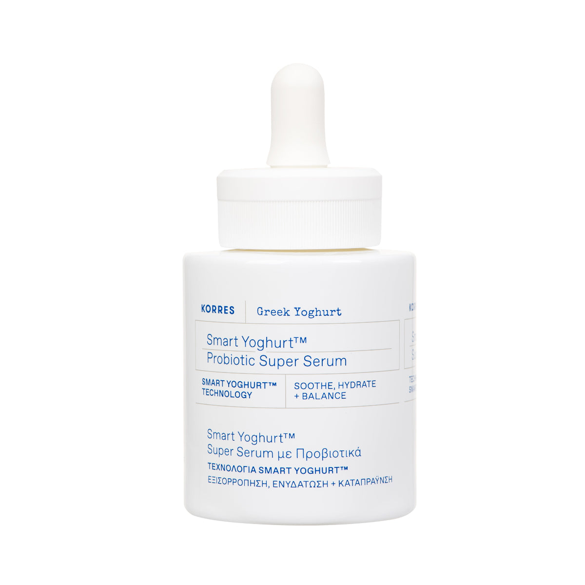 A white dropper bottle of KORRES Smart Yoghurt Probiotic Super Serum with blue text, shown on a clean white background.