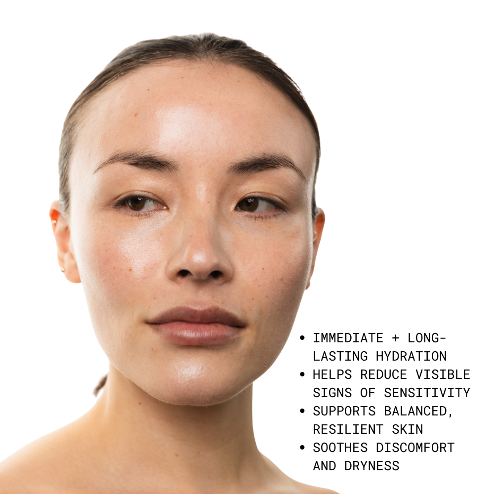 Woman's face with text about skincare benefits on a white background