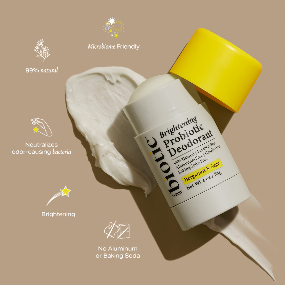 Biotic Beauty's Brightening Probiotic Deodorant on top of a swatch of product.