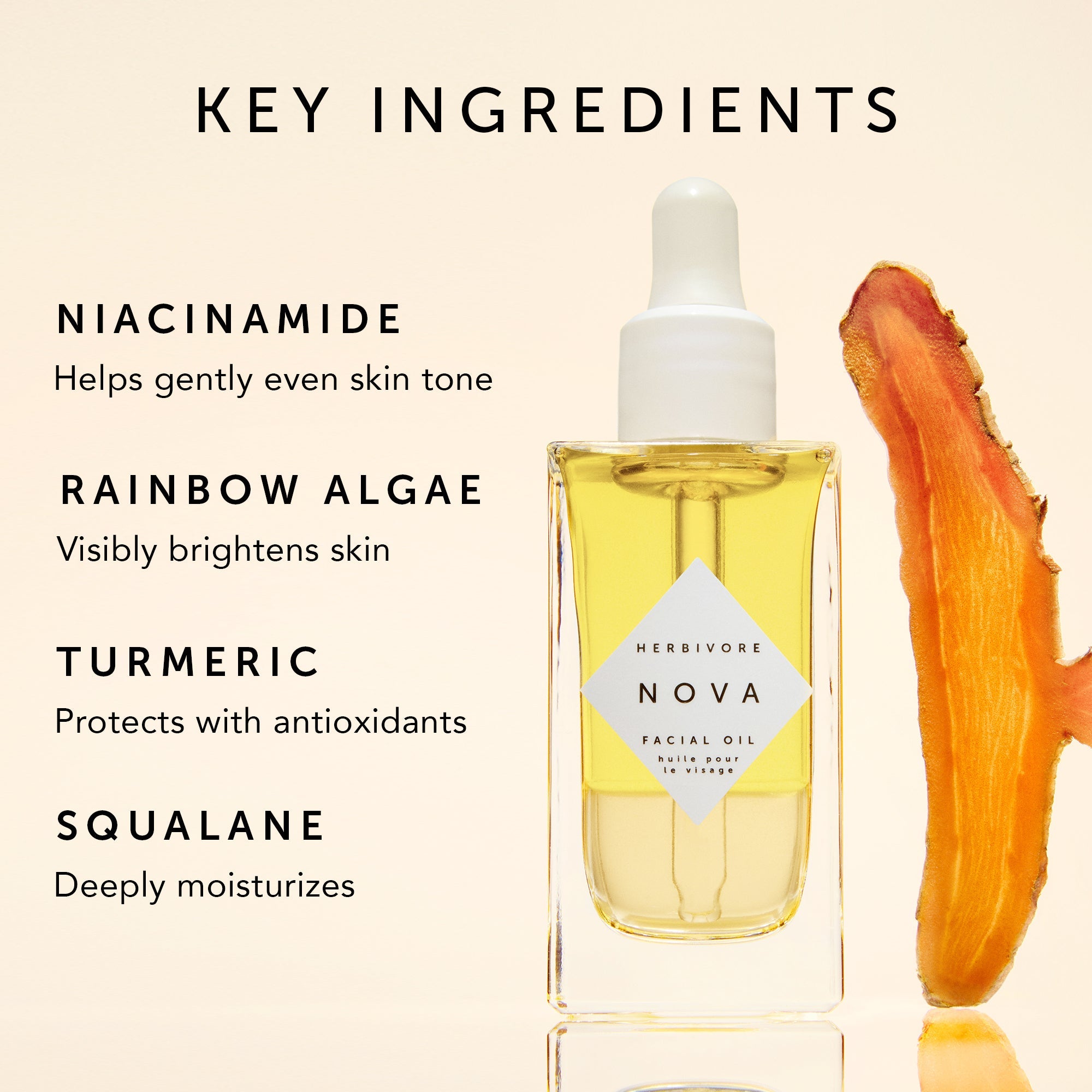 Herbivore Nova facial oil with key ingredients listed on a beige background