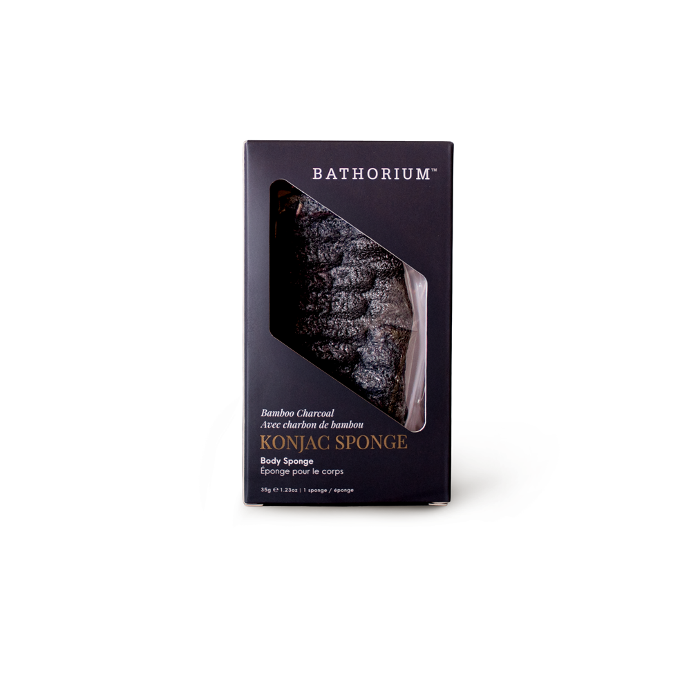 Bathorium Konjac Sponge in a dark charcoal black box with a clear window showing the sponge inside, set against a plain white background.