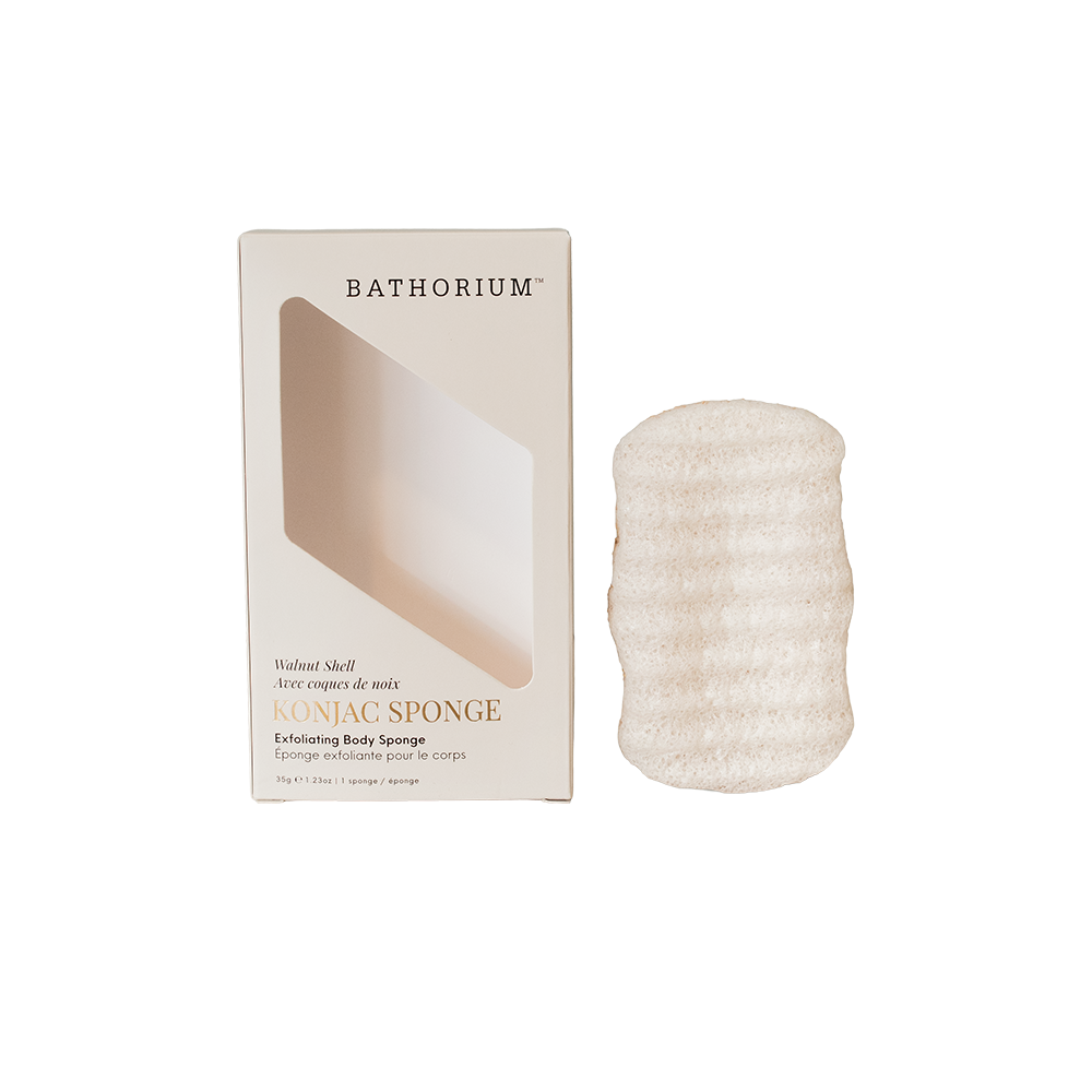 Bathorium KONJAC SPONGE exfoliating body sponge next to its beige packaging box on a solid white background.