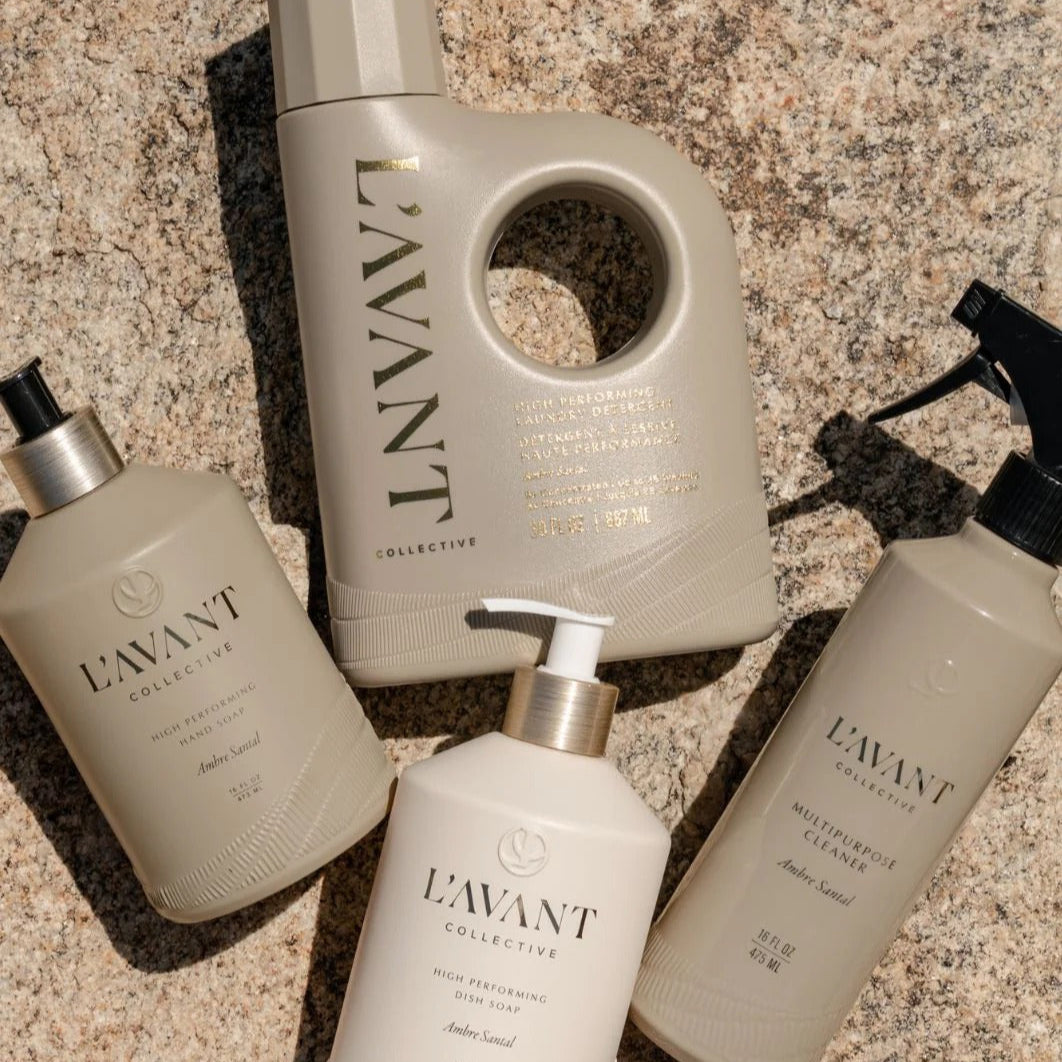 L'Avant products on a textured surface.