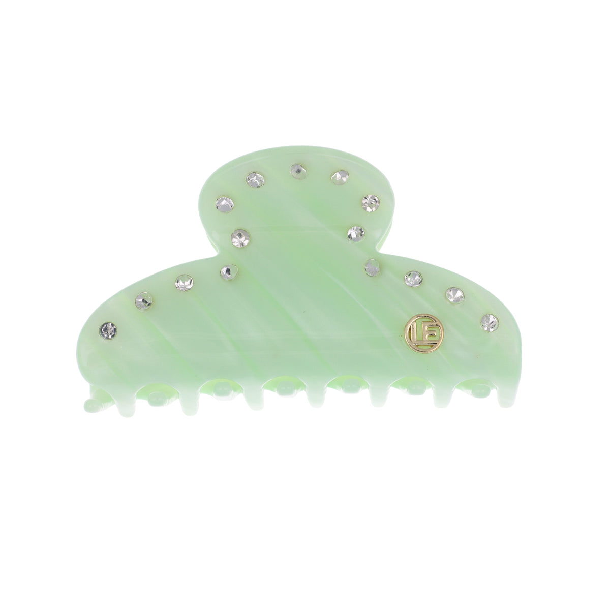 Light green hair clip with crystal embellishments on a white background