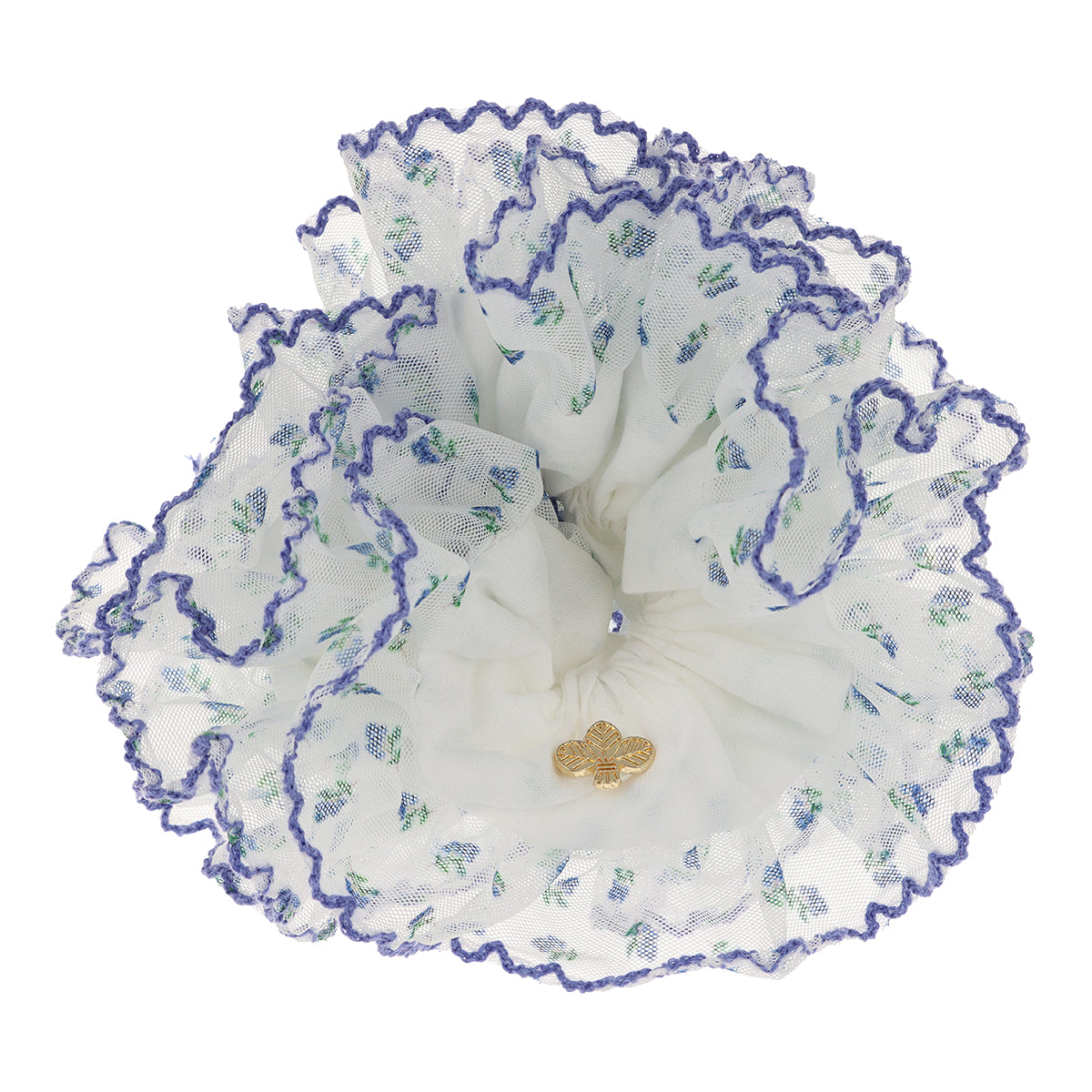 Cassia Blue and White Scrunchie on a White Background.