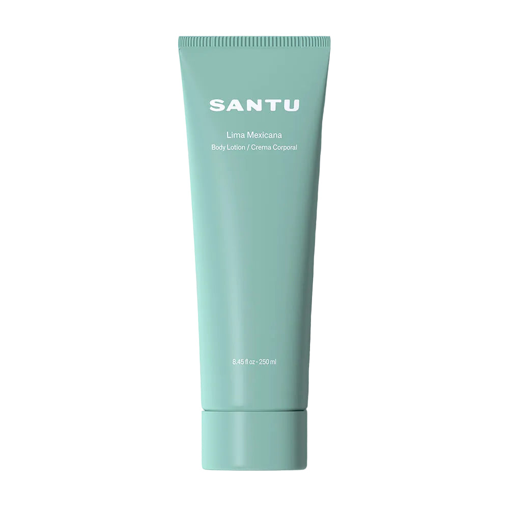 Mint green tube of SANTU body lotion on a white background