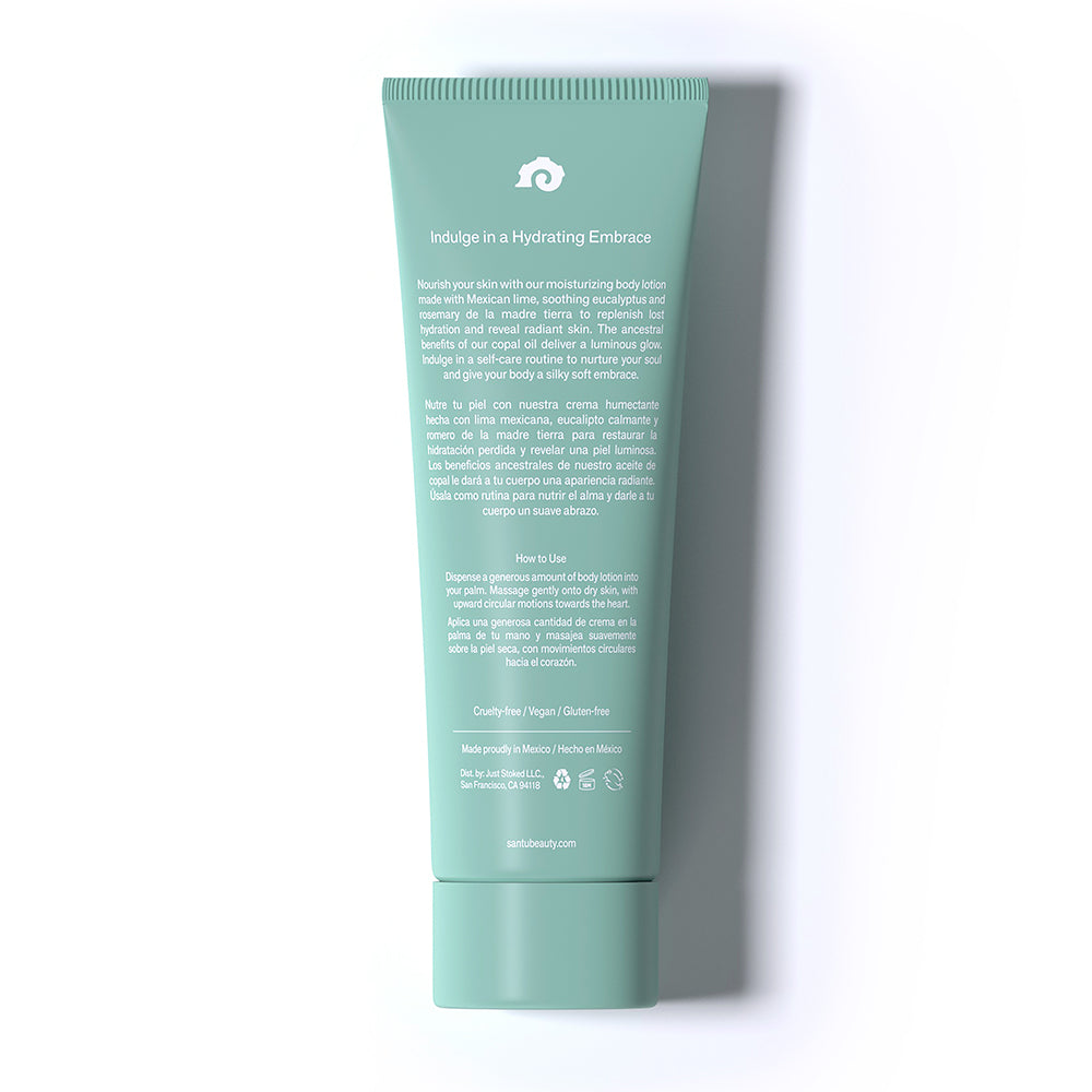 Green tube of body lotion with text on a white background