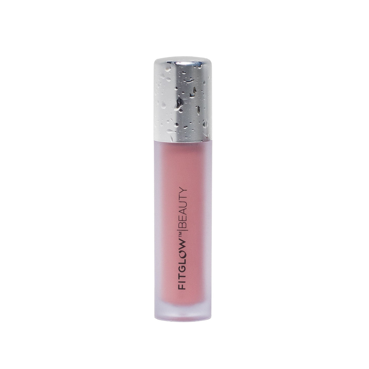 Lip gloss with silver cap and Fitglow Beauty branding on a white background