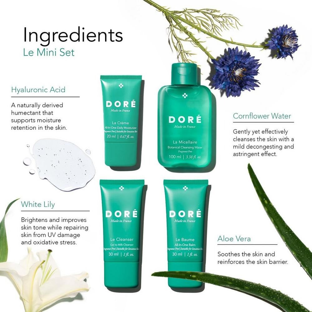 Dore skincare products with ingredients listed on a white background