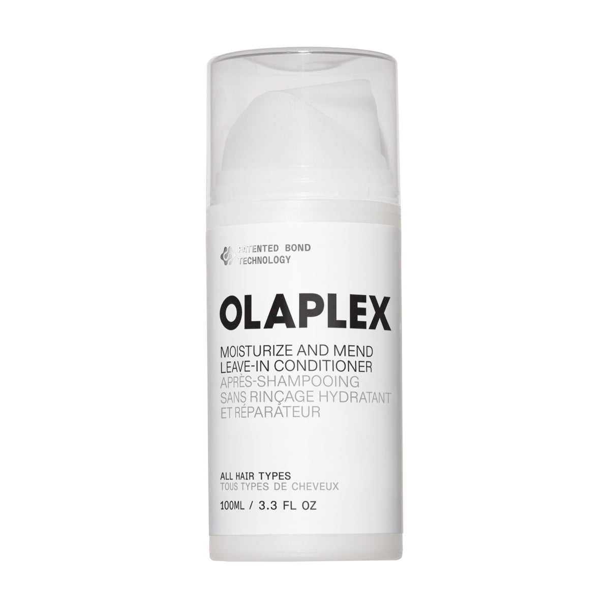 A 100ml white bottle of Olaplex Moisturize and Mend Leave-In Conditioner with a clear cap, shown on a solid white background.