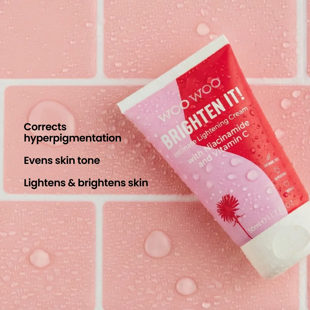 Woo Woo Brighten It! cream tube on a pink tiled background with product benefits text.