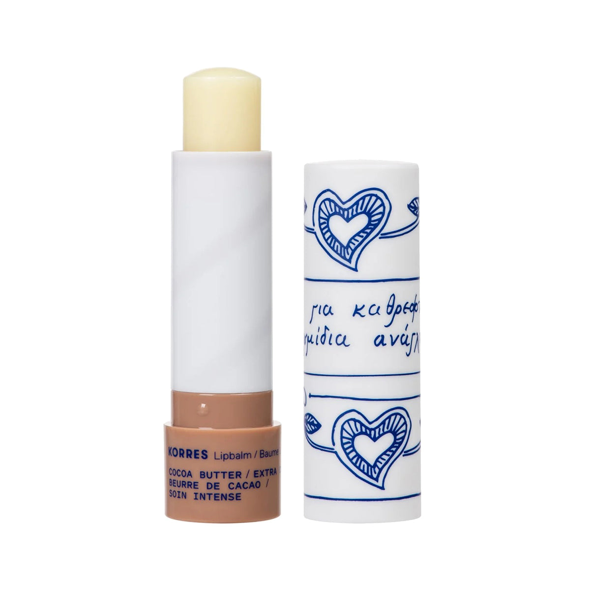 Korres Lipbalm in cocoa butter on a white background.