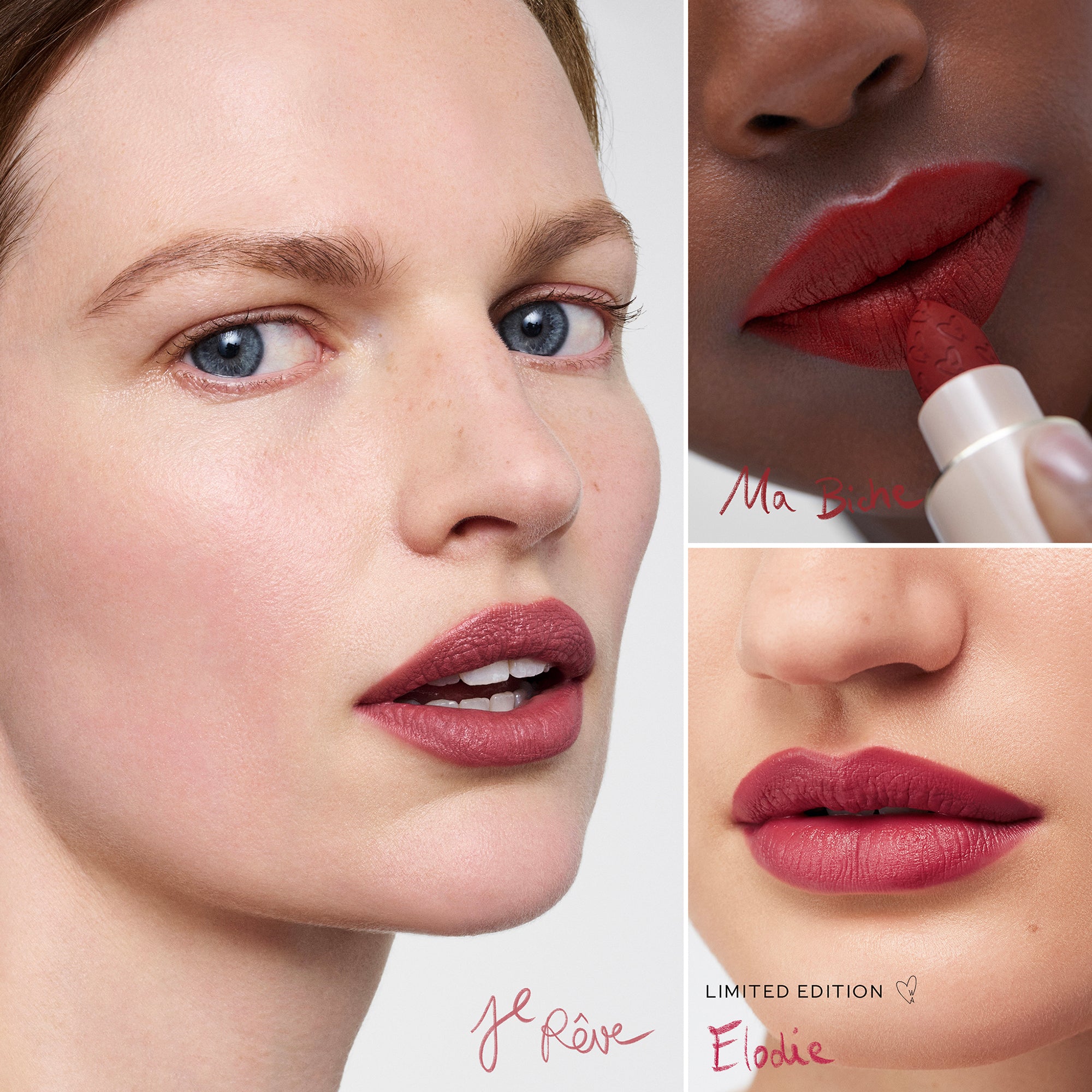 Collage of a woman's face with close-ups of lips wearing different lipsticks, including 'Ma Bébe' and 'Eloise'.