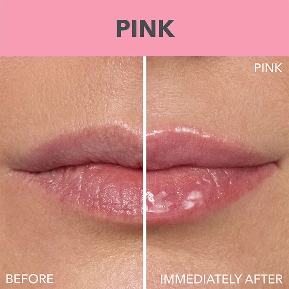Before and after comparison of pink lipstick on lips with a pink background.